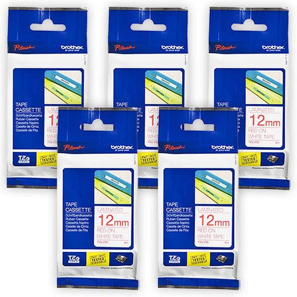 5-Pack Brother PT-1000 12mm Red Text On White P-Touch Tape [Genuine]
