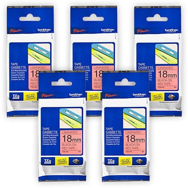 5-Pack Brother PT-2300 18mm Black Text On Red P-Touch Tape [Genuine]