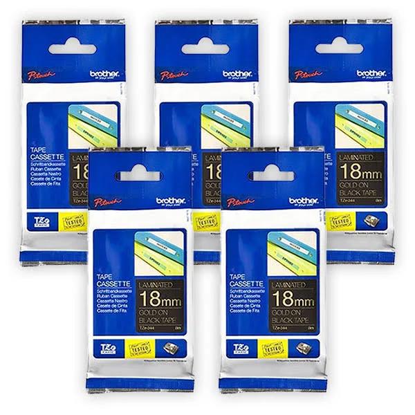 5-Pack Brother PT-2430PC 18mm Gold Text On Black Laminated Tape - 8 Meters [Genuine]
