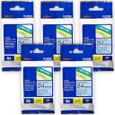 5-Pack Brother PT-2430PC 24mm Black Text On Blue Laminated Tape - 8 Meters [Genuine]
