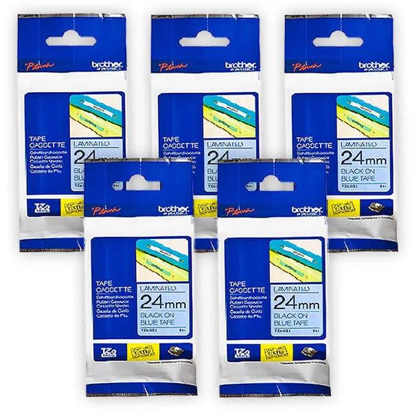 5-Pack Brother PT-2430PC 24mm Black Text On Blue Laminated Tape - 8 Meters [Genuine]