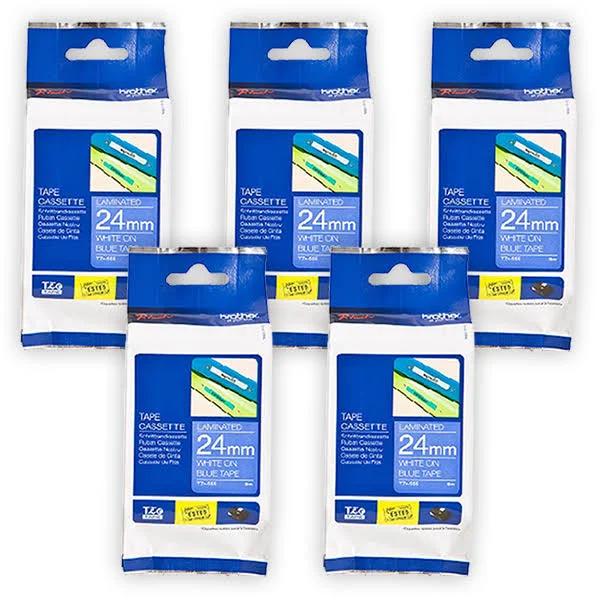 5-Pack Brother PT-2430PC 24mm White Text On Blue Laminated Tape - 8 Meters [Genuine]
