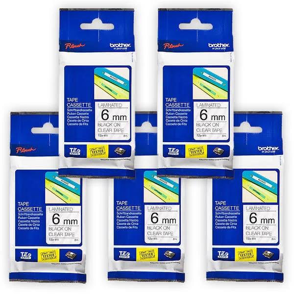 5-Pack Brother PT-330 6mm Black Text On Clear Laminated Tape - 8 Meters [Genuine]