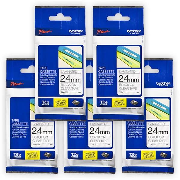 5-Pack Brother PT-3600 P-Touch Tape 24mm Black Text On Clear Tape [Genuine]