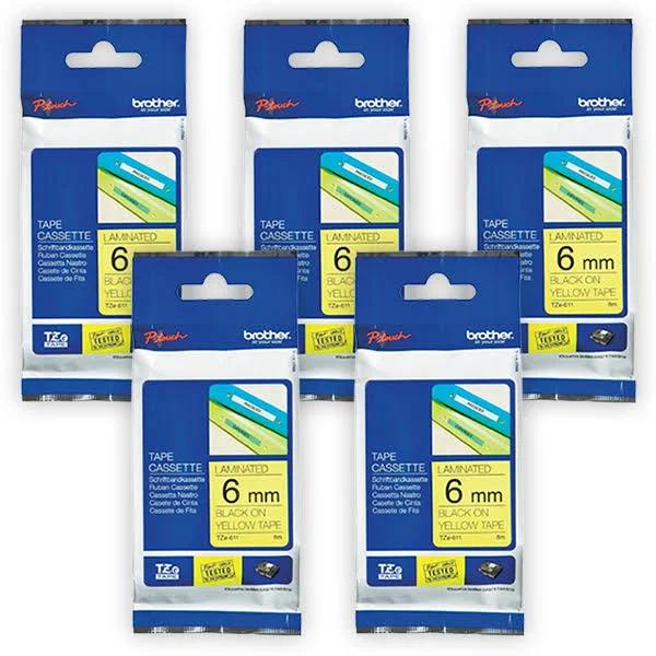 5-Pack Brother PT-900 6mm Black Text On Yellow Laminated Tape [Genuine]