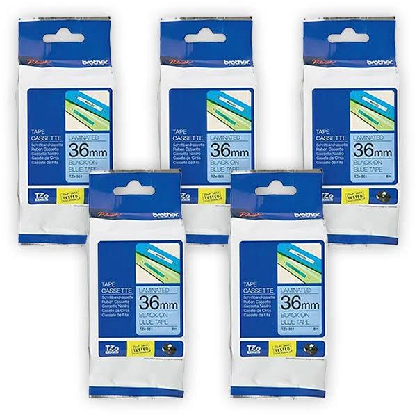 5-Pack Brother PT-9200PC 36mm Black Text On Blue Laminated Tape [Genuine]