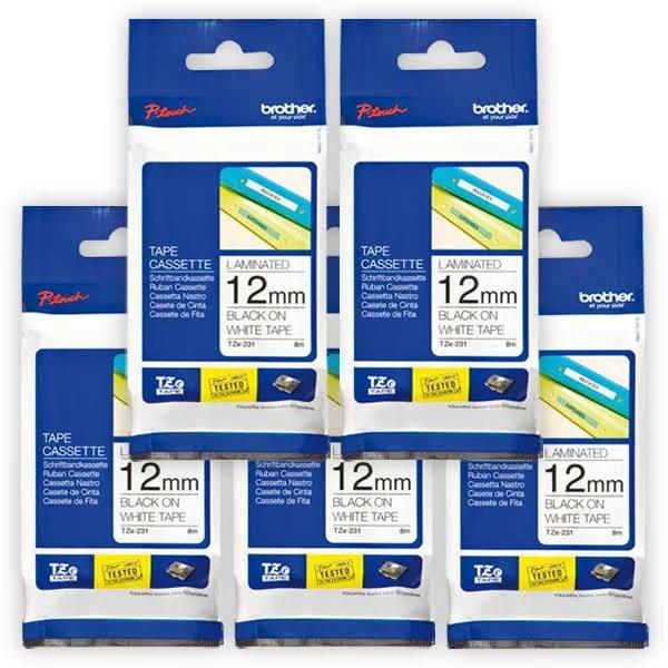 5-Pack Brother PT-D610BT 12mm Black Text On White Laminated Tape - 8 Meters [Genuine]