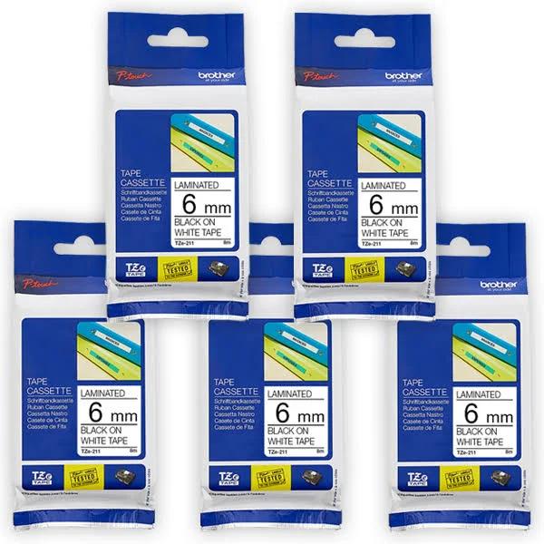 5-Pack Brother PT-D610BT 6mm Black Text On White Laminated Tape - 8 Meters [Genuine]