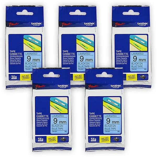 5-Pack Brother PT-D610BT 9mm Black Text On Blue Laminated Tape - 8 Meters [Genuine]