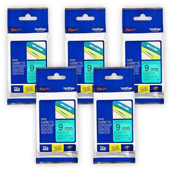 5-Pack Brother PT-D610BT 9mm Black Text On Green Laminated Tape - 8 Meters [Genuine]