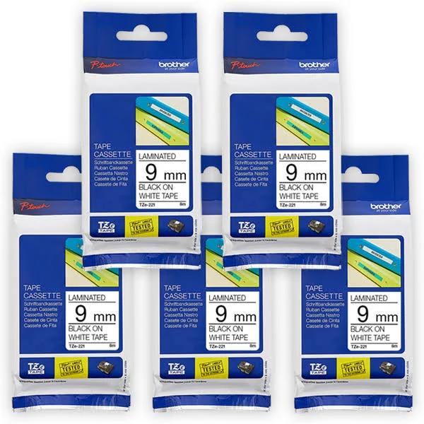 5-Pack Brother PT-D610BT 9mm Black Text On White Laminated Tape - 8 Meters [Genuine]