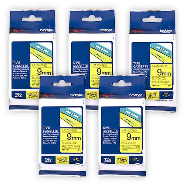 5-Pack Brother PT-D610BT 9mm Black Text On Yellow Laminated Tape - 8 Meters [Genuine]