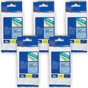 5-Pack Brother PT-D800W 36mm Black Text On Blue Laminated Tape [Genuine]