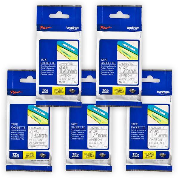 5-Pack Brother PT-P300BT P-Touch Tape 12mm White Text On Clear Tape [Genuine]