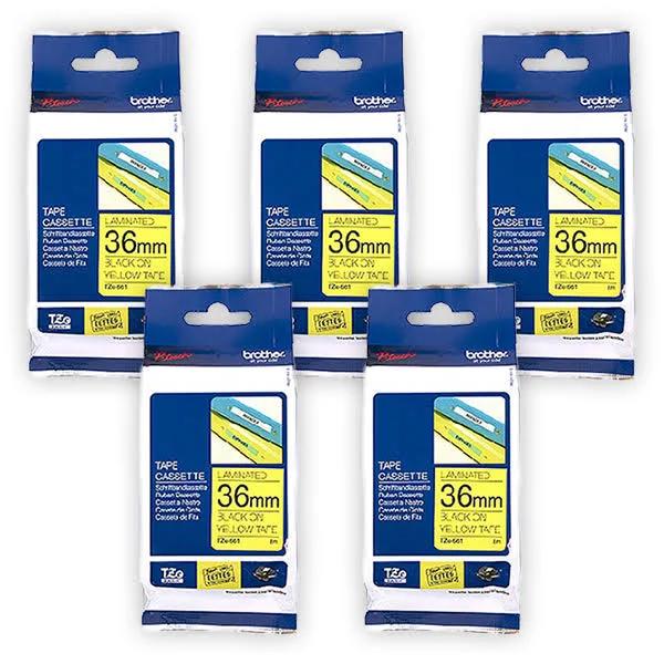 5-Pack Brother PT-P900W 36mm Black Text On Yellow P-Touch Tape [Genuine]