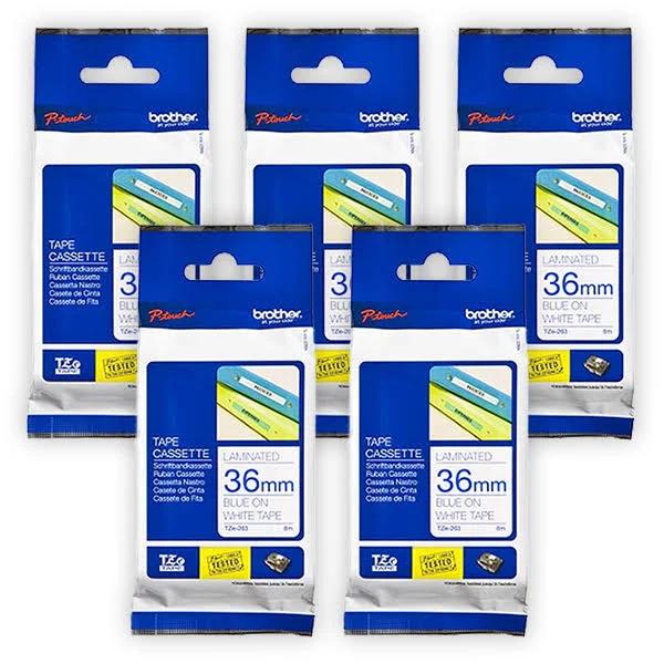 5-Pack Brother PT-P900W P-Touch Tape 36mm Blue Text On White Tape [Genuine]