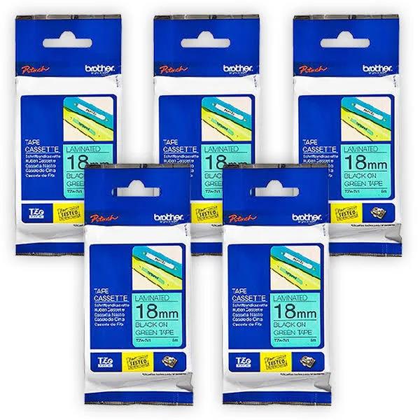 5-Pack Brother PT-P900W Tape 18mm Black Text On Green P-Touch Tape [Genuine]