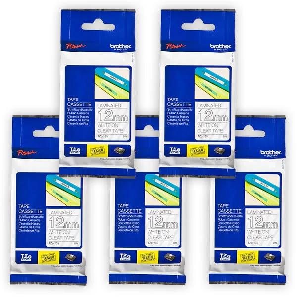 5 x Brother PT-D610BT 12mm White Text On Clear Laminated Tape - 8 Meters [Genuine]