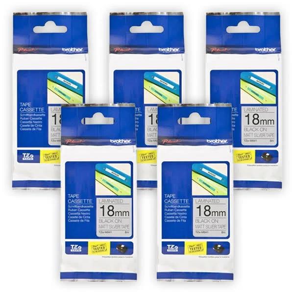 5 x Brother PT-D610BT 18mm Black Text On Matt Silver Laminated Tape - 8 Metres [Genuine]