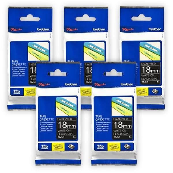 5 x Brother PT-D610BT 18mm White Text On Black Laminated Tape - 8 Meters [Genuine]