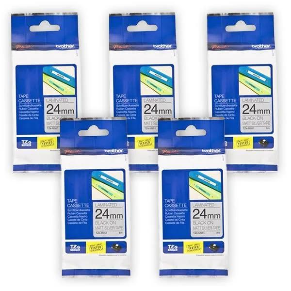 5 x Brother PT-D610BT 24mm Black Text On Matt Silver Laminated Tape - 8 Metres [Genuine]