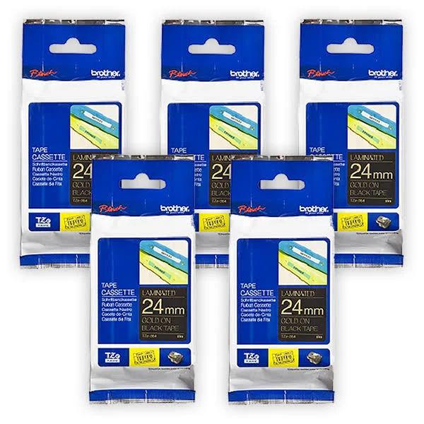 5 x Brother PT-D610BT 24mm Gold Text On Black Laminated Tape - 8 Meters [Genuine]