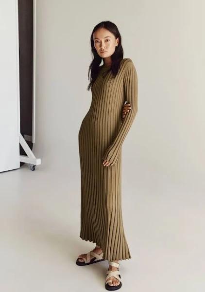 Ada Long Sleeve Midi Dress in Khaki Size Small by DISSH