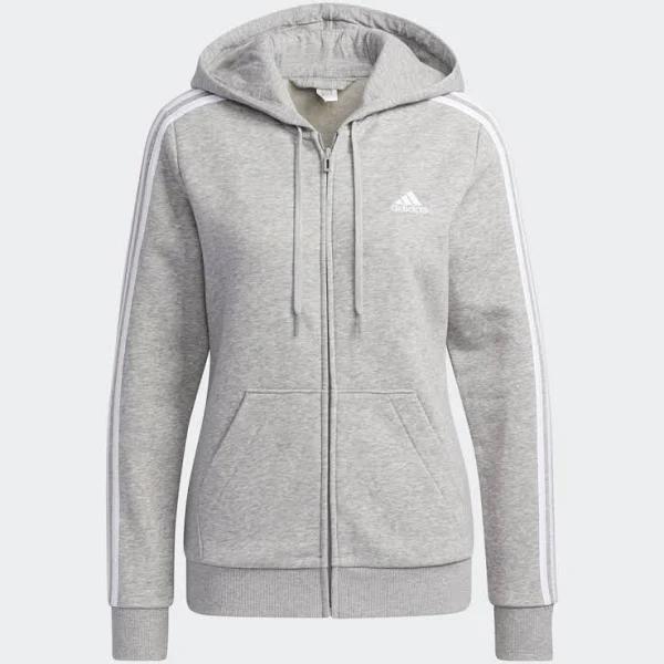 adidas-Essentials Fleece 3-Stripes Full-Zip Hoodie-Women-Medium Grey Heather / White-2XL
