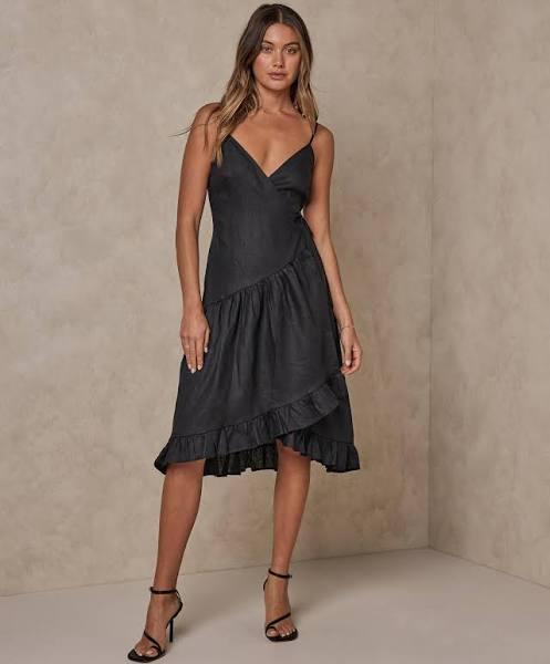 AERE - Women's Black Midi Dresses - Wrap Frill Linen Dress - Size 8 at The Iconic