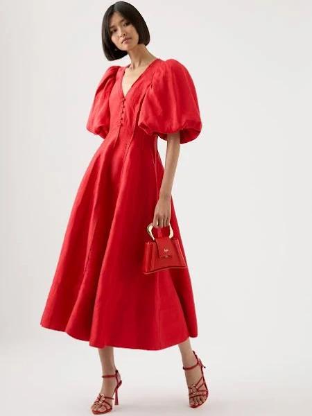 AJE Dusk Puff Sleeve Midi Dress in Colour Scarlet Red Size 12
