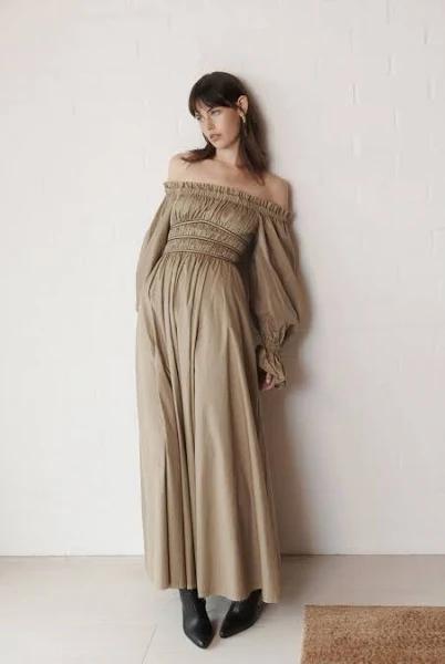 AJE Wattle Off Shoulder Midi Dress in Colour Taupe Grey Size 14