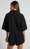 Ankana Playsuit - Short Sleeve Relaxed Button Front Playsuit in Black
