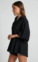 Ankana Playsuit - Short Sleeve Relaxed Button Front Playsuit in Black