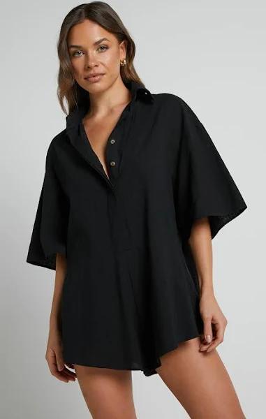 Ankana Playsuit - Short Sleeve Relaxed Button Front Playsuit in Black