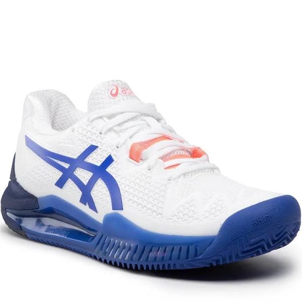 ASICS Womens Gel Resolution 8 Clay Tennis Shoes - White/Lapis Luzili Blue, 6.5
