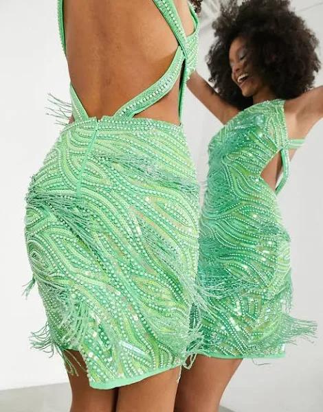 ASOS Design Edition Beaded Sequin Fringe Open Back Dress Light Green