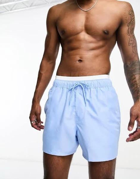 ASOS Design Swim Shorts in Short Length with Double Waistband in Blue