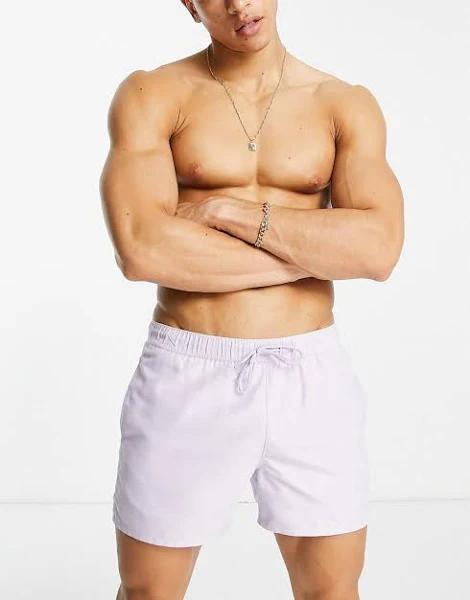 ASOS Design Swim Shorts in Short Length with Double Waistband in lilac-Purple