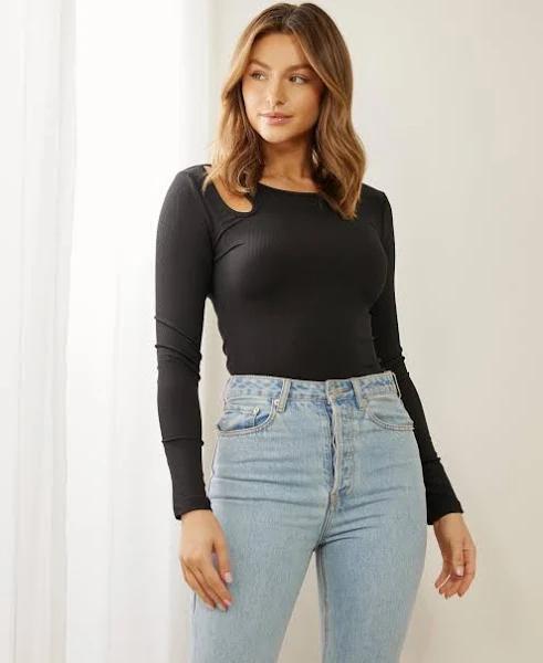Atmos&Here - Women's Black T-shirts - Lucia Rib Cut Out Long Sleeve - Size 6 at The Iconic