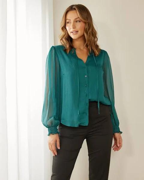 Atmos&Here - Women's Green Shirts & Blouses - Erica Lurex Ruffle Blouse - Size 8 at The Iconic