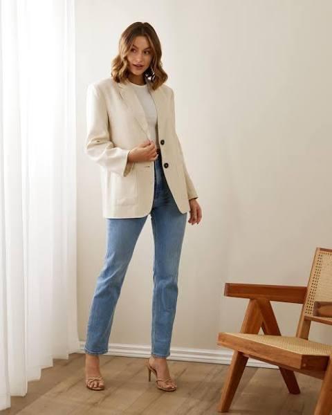 Atmos&Here - Women's White Blazers - Aurelia Oversized Linen Blazer - Size 18 at The Iconic