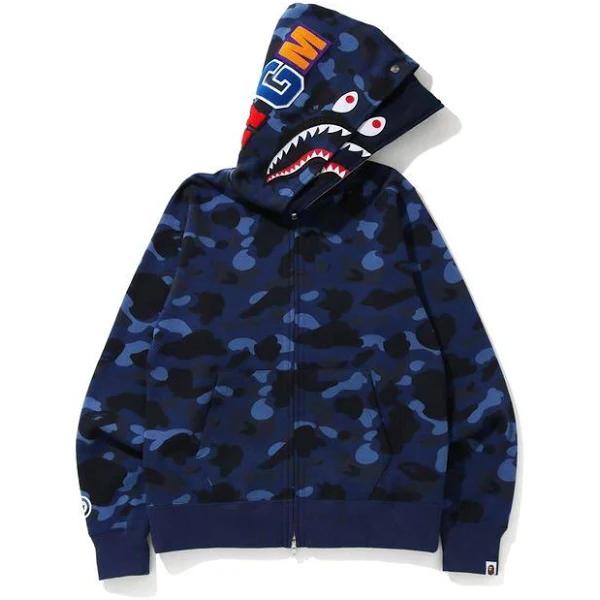 BAPE Color Camo Shark Wide Full Zip Double Hoodie Navy