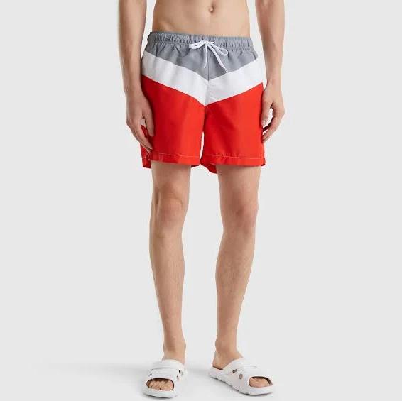 Benetton, Color Block Swim Trunks, Size M, Red, Men