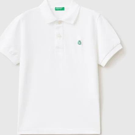 Benetton, Slim Fit Polo in 100% Organic Cotton, Size 2XL, White, Kids