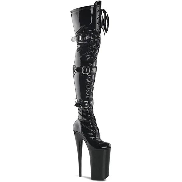 BEYOND-3028 Black Stretch Patent Thigh High Boots 8