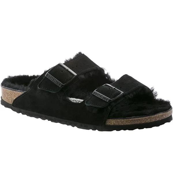 Birkenstock Arizona Suede Leather Black Shearling Two-Strap Sandals - Women's Size 5