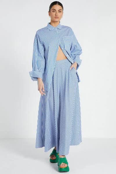Bohemian Traders Circle Midi Skirt | Blue/White Stripe | Size XS | Cotton Poplin