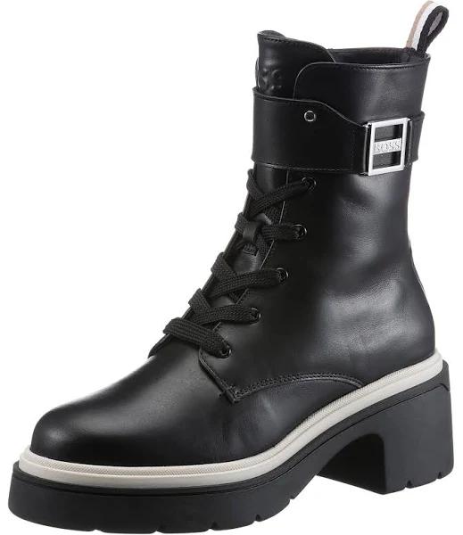 Boss Chunky-sole Leather Boots with Branded Metal Detail, Women, Size: 5, Black, Boots