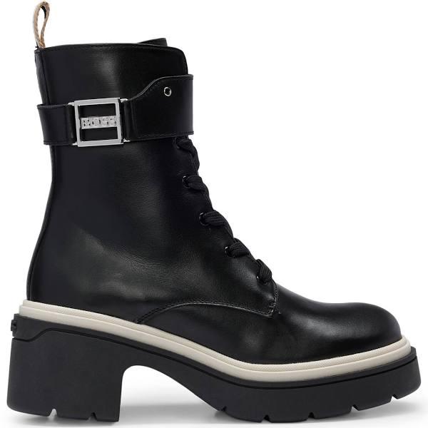Boss Chunky-sole Leather Boots with Branded Metal Detail, Women, Size: 8, Black, Boots