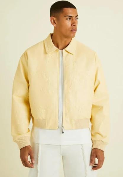 Boxy Debossed PU Collared Bomber Jacket